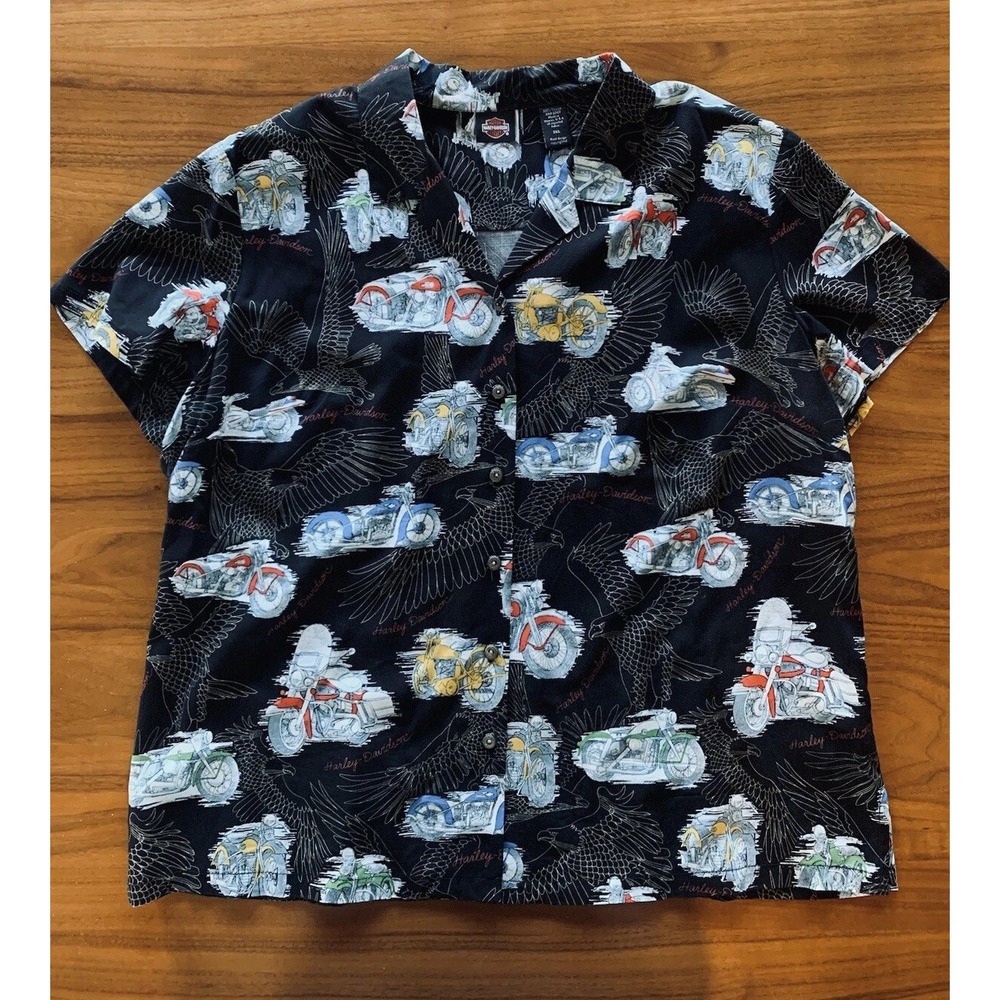 VTG Harley Davidson Tori Richard Aloha Shirt Men XL/2XL USA Eagle Motorcycle AOP